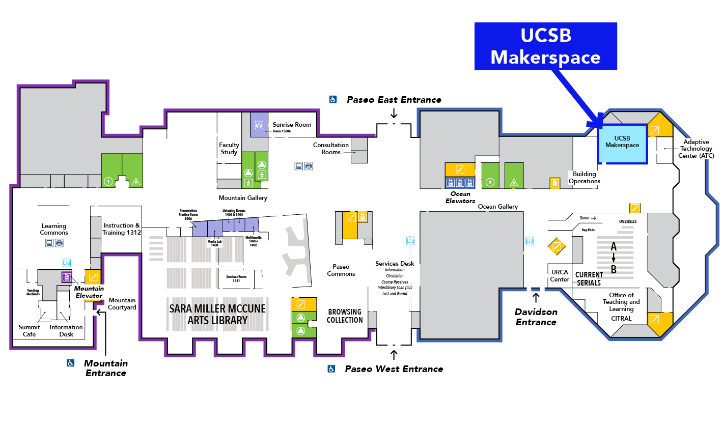 __title__ The Makerspace is located in the Library, 1st Floor, Ocean Side around the corner from the Building Operations office.