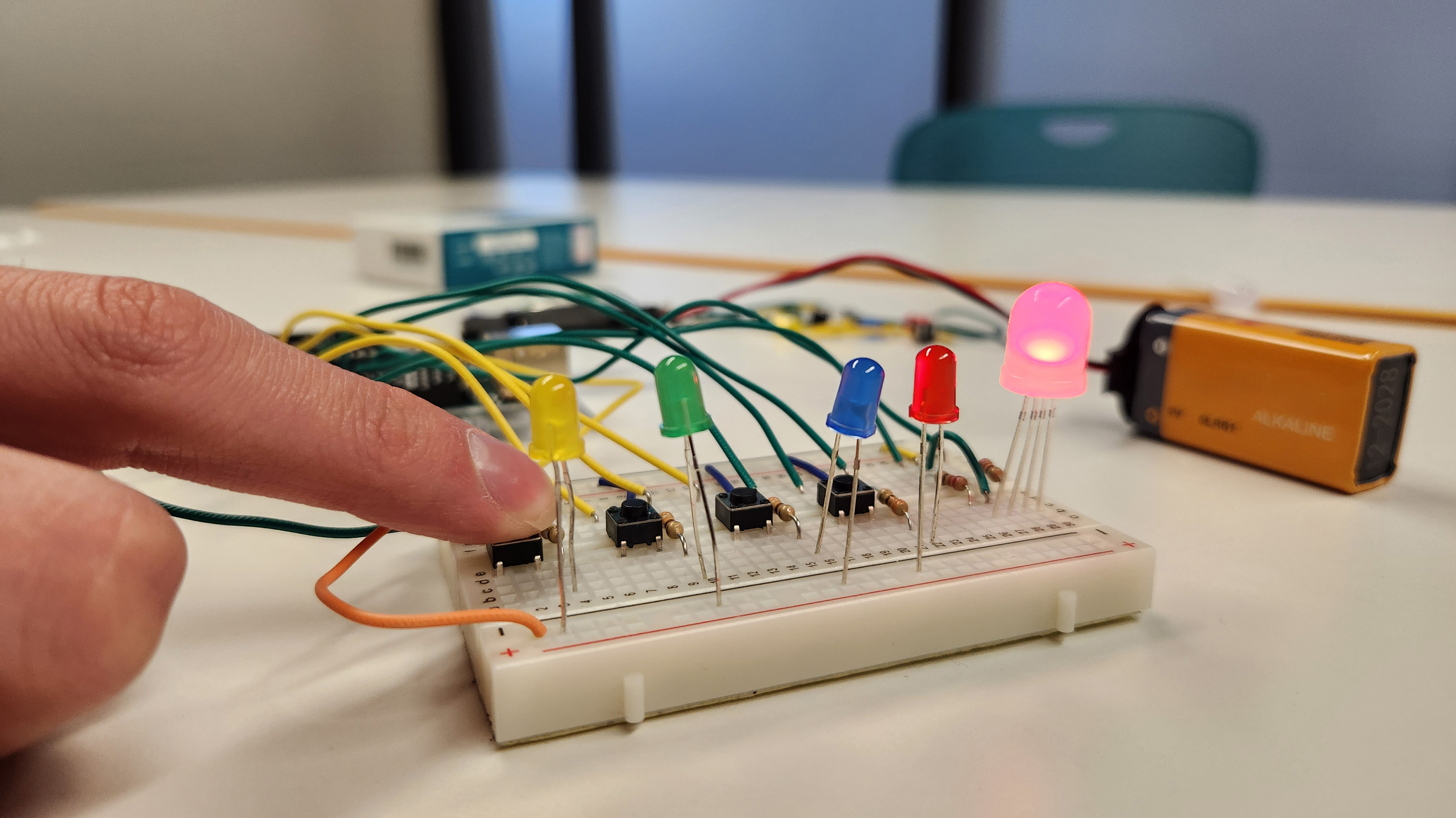 Circuit prototype with LED lights and buttons