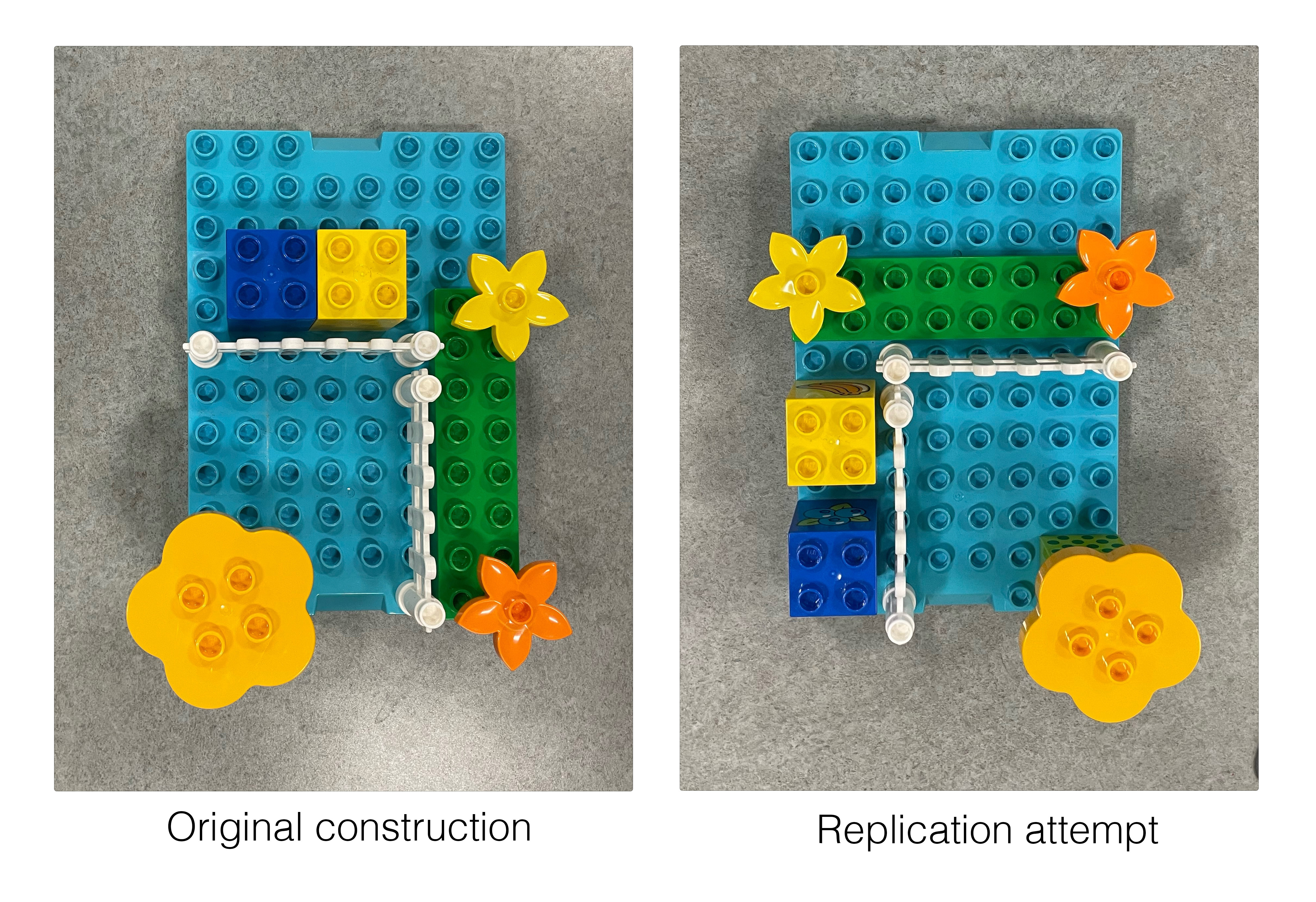 Participants' original construction and replication attempt with Lego 