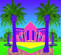 mirrored image of library, brightly colored
