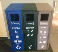 Trash, recycle, and compost bins at the UCSB Library.