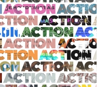 images framed inside multiple copies of the word "action"
