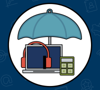 Umbrella, headphones, laptop, and calculator Icons in a circle