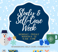 Study & Self-Care Week Badge with department logos and dates of events