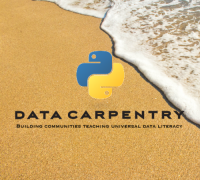 Data Carpentry Logo of Python logo with beach in background